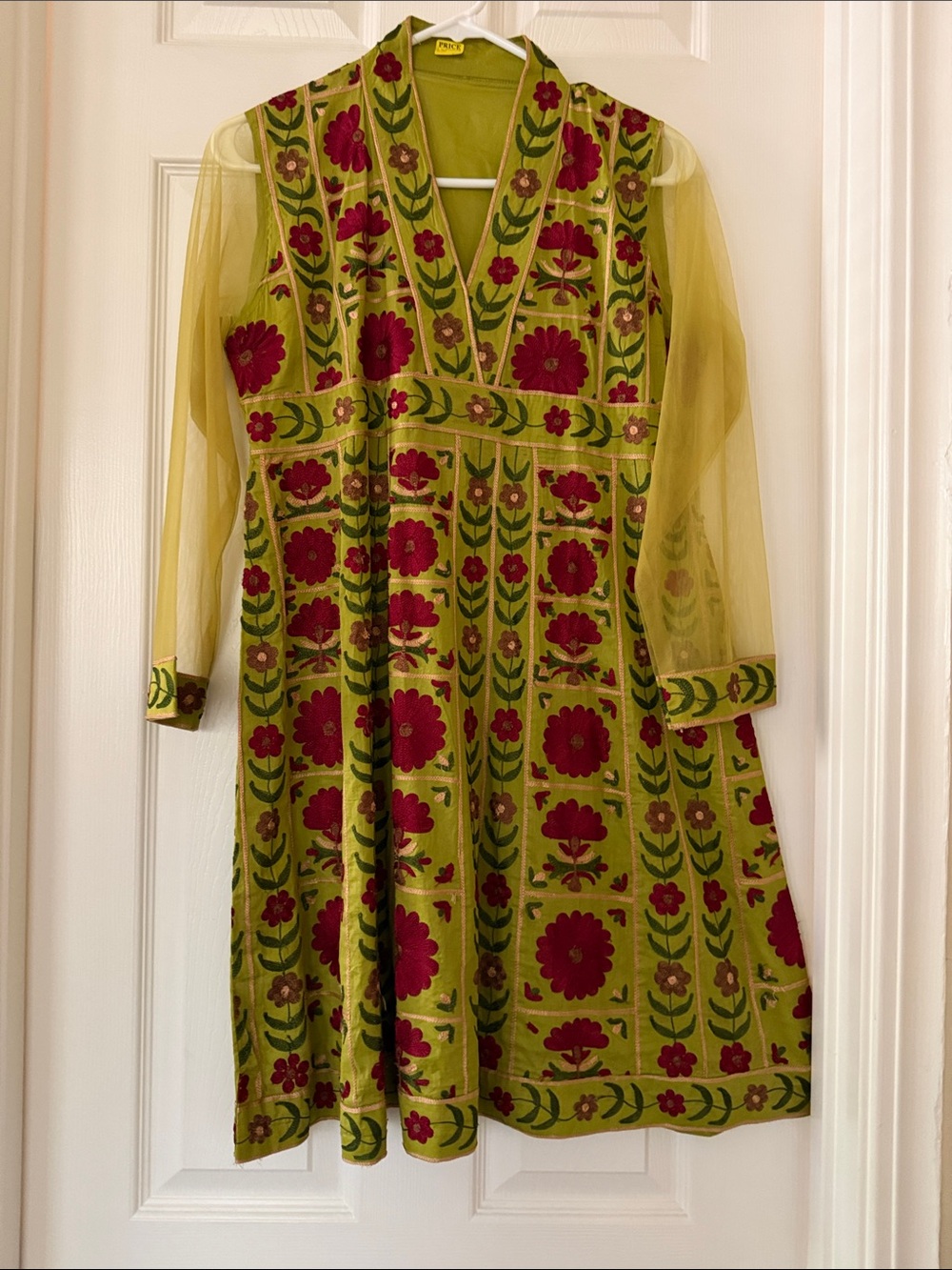 Olive Green Floral Embroidered Tunic with Sheer Sleeves
